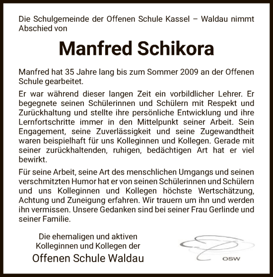 Todesanzeige von Manfred Schikora von HNA