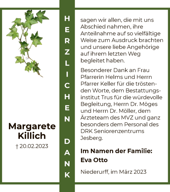 Todesanzeige von Margarete Killich von HNA