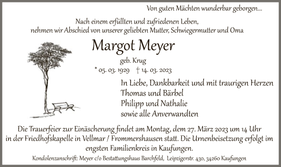 Todesanzeige von Margot Meyer von HNA