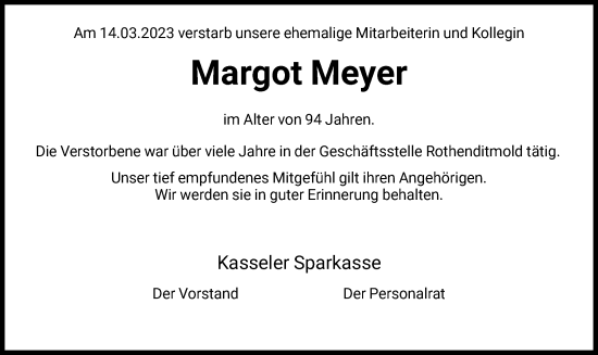 Todesanzeige von Margot Meyer von HNA