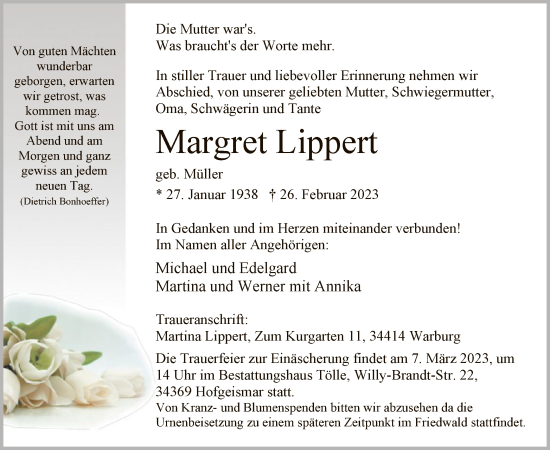Todesanzeige von Margret Lippert von HNA