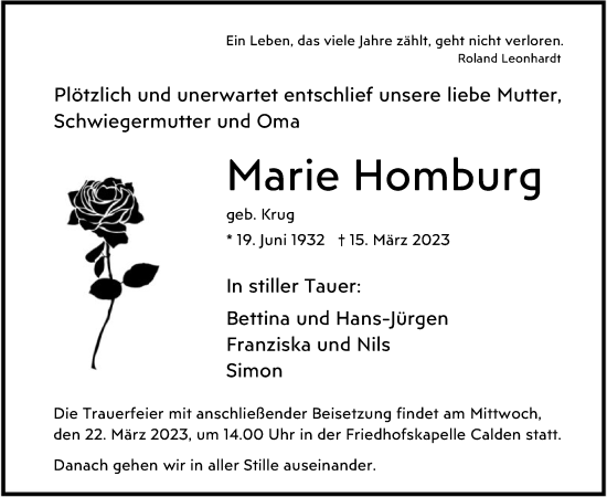 Todesanzeige von Marie Homburg von HNA
