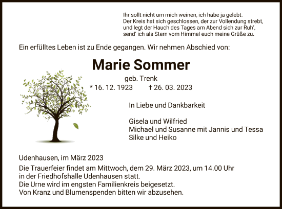Todesanzeige von Marie Sommer von HNA