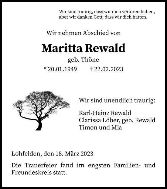 Todesanzeige von Maritta Rewald von HNA