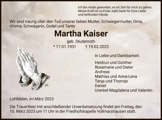 Todesanzeige von Martha Kaiser von HNA