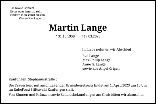 Todesanzeige von Martin Lange von HNA