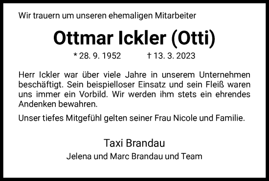 Todesanzeige von Ottmar Ickler von HNA