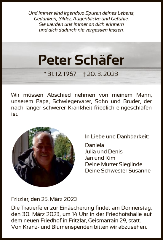 Todesanzeige von Peter Schäfer von HNA