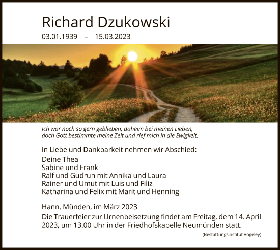 Todesanzeige von Richard Dzukowski von HNA