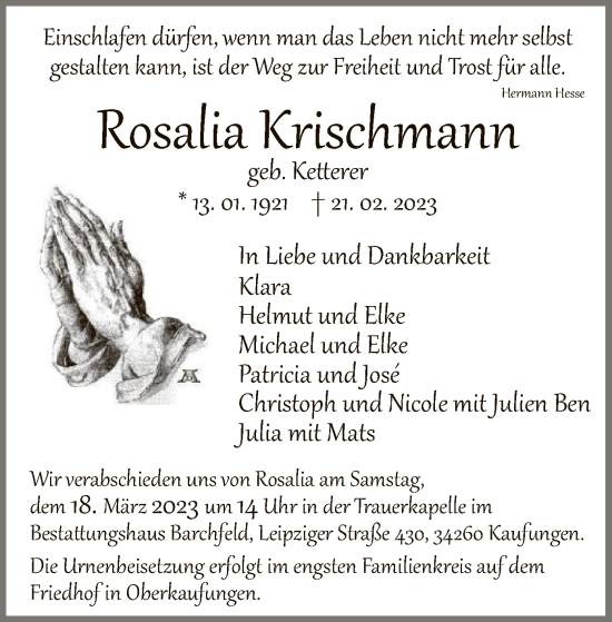 Todesanzeige von Rosalia Krischmann von HNA