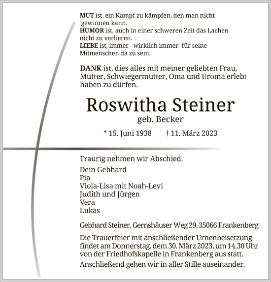 Todesanzeige von Roswitha Steiner von HNA