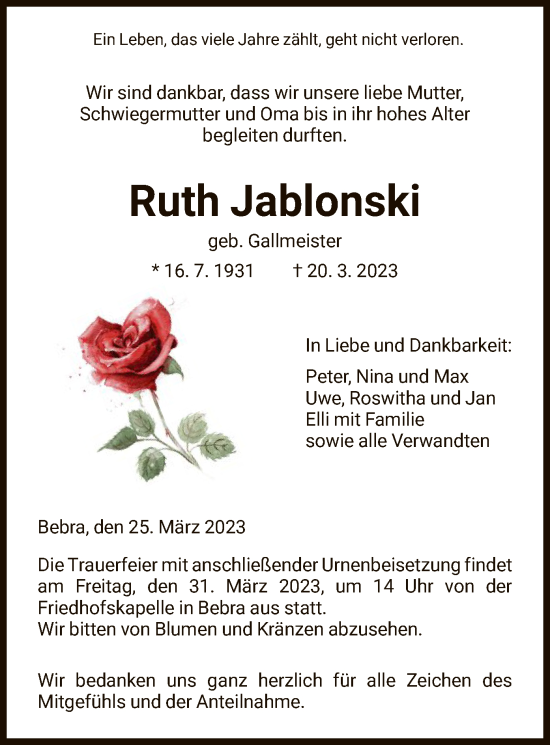 Todesanzeige von Ruth Jablonski von HNA