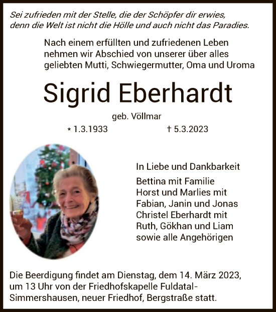 Todesanzeige von Sigrid Eberhardt von HNA