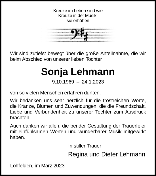 Todesanzeige von Sonja Lehmann von HNA