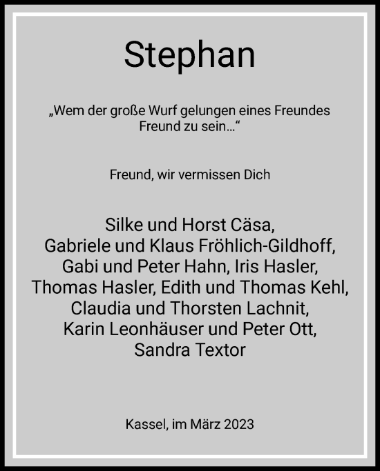 Todesanzeige von Stephan  von HNA