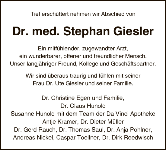 Todesanzeige von Stephan Giesler von HNA