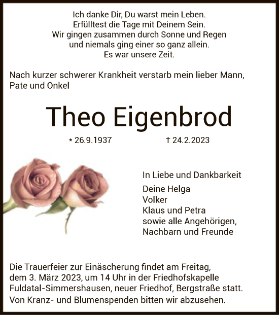 Todesanzeige von Theo Eigenbrod von HNA