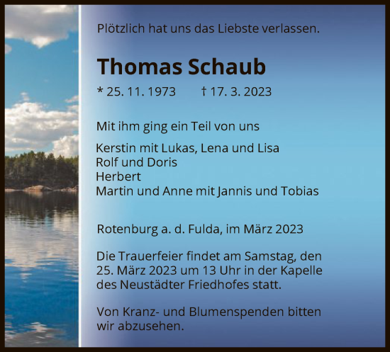 Todesanzeige von Thomas Schaub von HNA