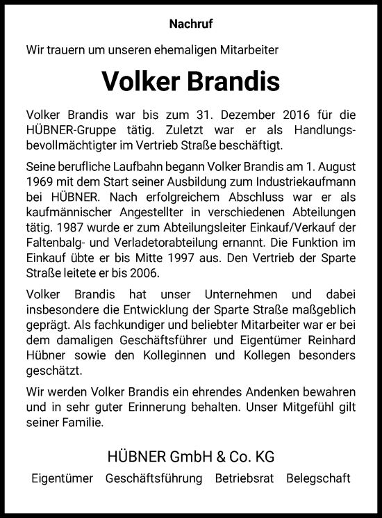 Todesanzeige von Volker Brandis von HNA