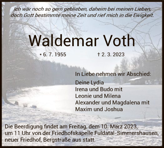 Todesanzeige von Waldemar Voth von HNA