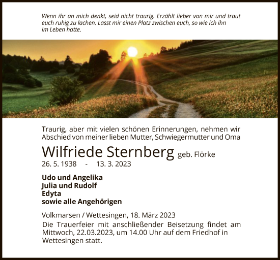 Todesanzeige von Wilfriede Sternberg von WLZ
