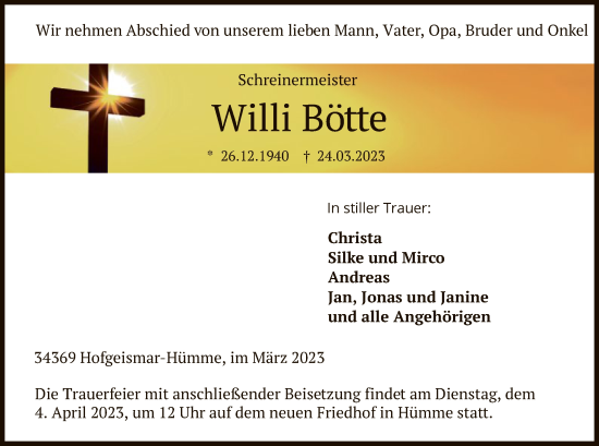 Todesanzeige von Willi Bötte von HNA