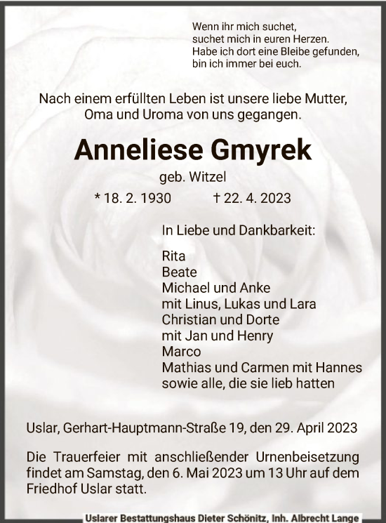 Todesanzeige von Anneliese Gmyrek von HNA