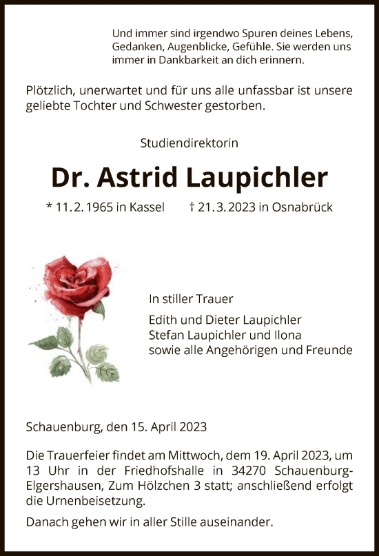 Todesanzeige von Astrid Laupichler von HNA