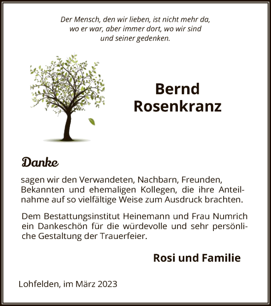 Todesanzeige von Bernd Rosenkranz von HNA