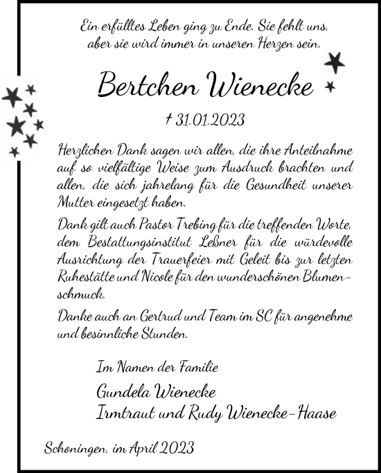 Todesanzeige von Bertchen Wienecke von HNA