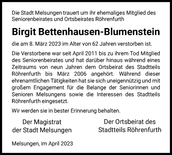 Todesanzeige von Birgit Bettenhausen-Blumenstein von HNA