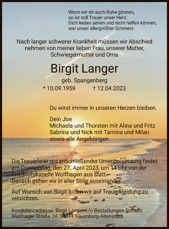 Todesanzeige von Birgit Langer von HNA