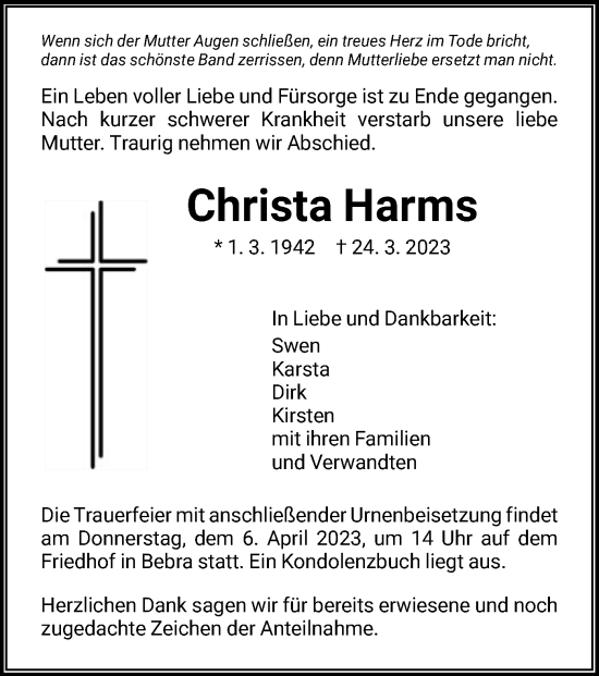 Todesanzeige von Christa Harms von HNA