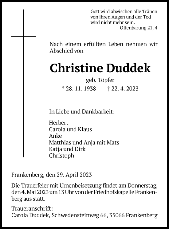 Todesanzeige von Christine Duddek von HNA