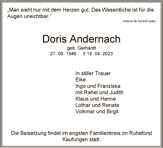 Todesanzeige von Doris Andernach von HNA