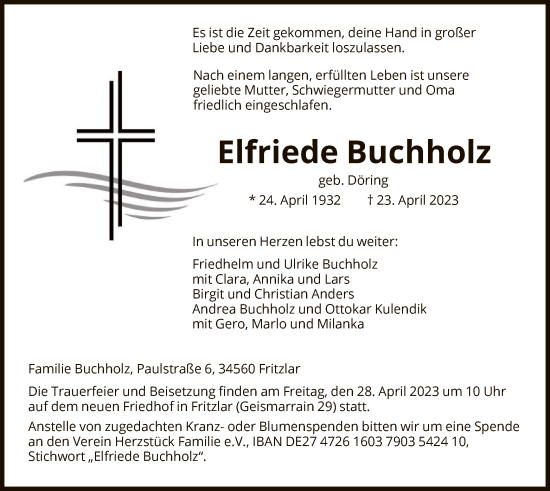 Todesanzeige von Elfriede Buchholz von HNA