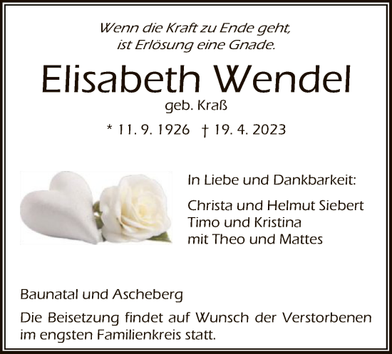 Todesanzeige von Elisabeth Wendel von HNA