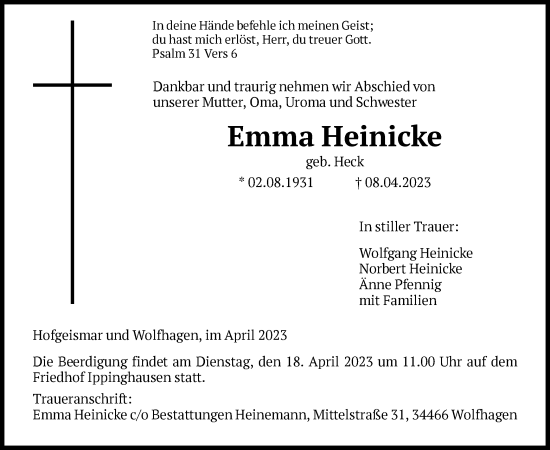Todesanzeige von Emma Heinicke von HNA