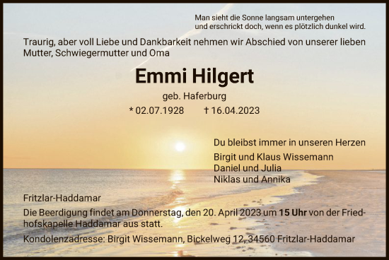 Todesanzeige von Emmi Hilgert von HNA