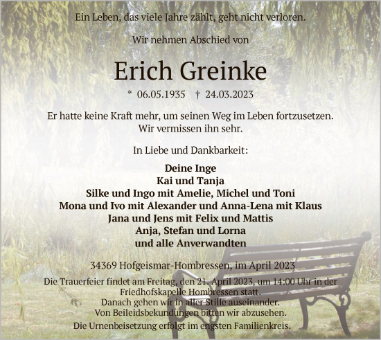 Todesanzeige von Erich Greinke von HNA