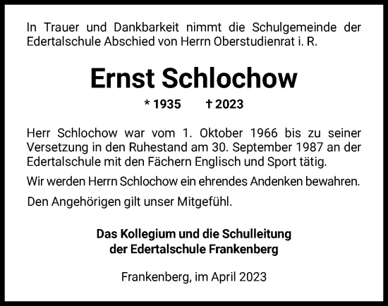 Todesanzeige von Ernst Schlochow von HNA