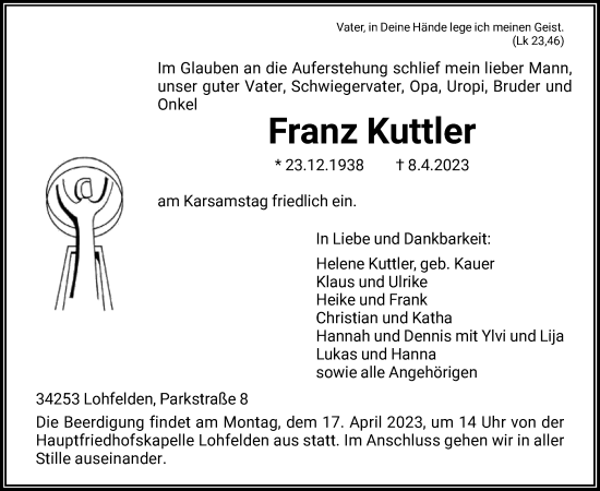 Todesanzeige von Franz Kuttler von HNA