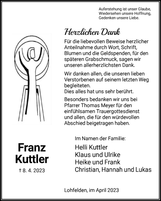 Todesanzeige von Franz Kuttler von HNA