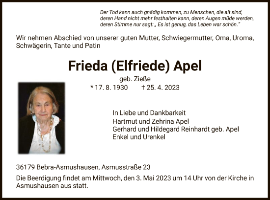 Todesanzeige von Frieda Apel von HNA