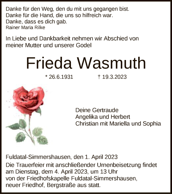 Todesanzeige von Frieda Wasmuth von HNA