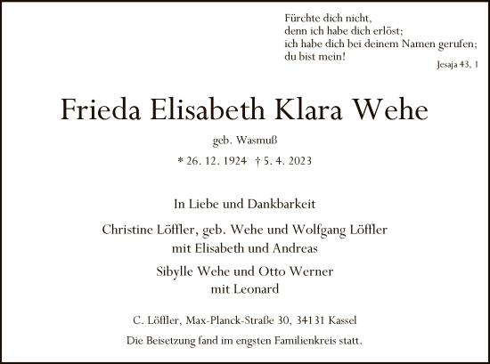 Todesanzeige von Frieda Elisabeth Klara Wehe von HNA