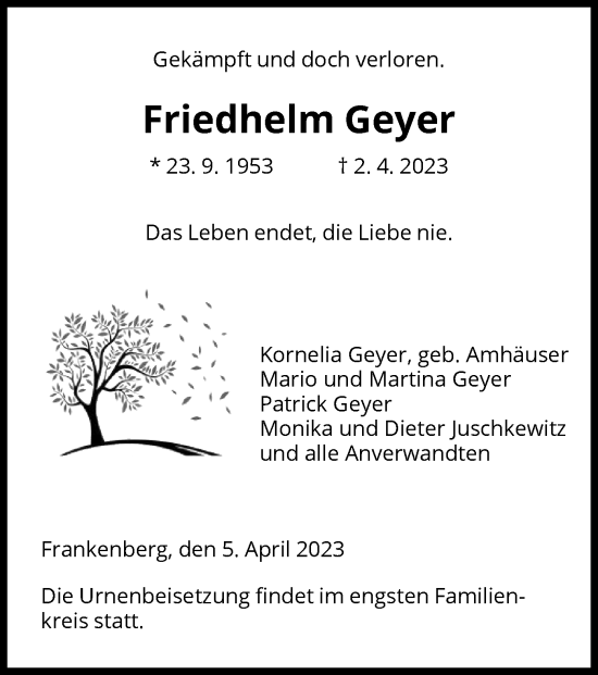 Todesanzeige von Friedhelm Geyer von HNA