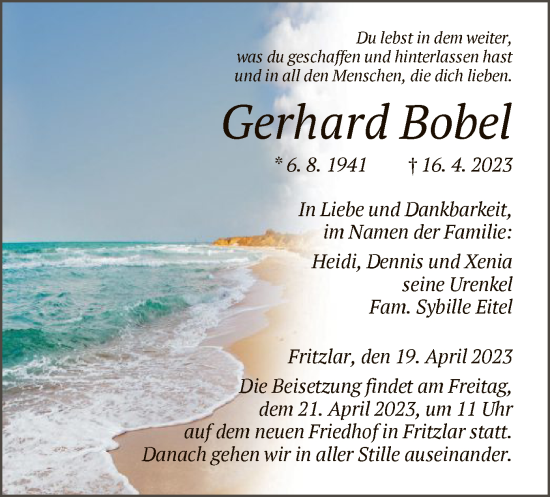 Todesanzeige von Gerhard Bobel von HNA