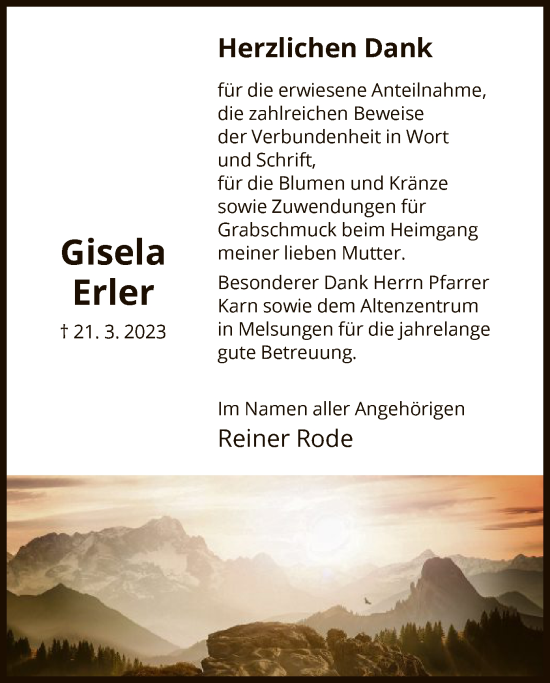 Todesanzeige von Gisela Erler von HNA