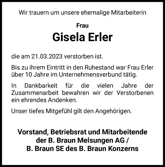 Todesanzeige von Gisela Erler von HNA